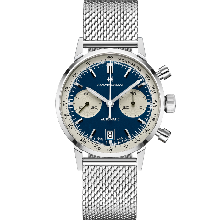 AMERICAN CLASSIC - Intra-Matic Auto Chrono 40mm / Steel case / Blue dial  with beige minuterie ring / Mesh steel bracelet - H38416141 | Hamilton Watch