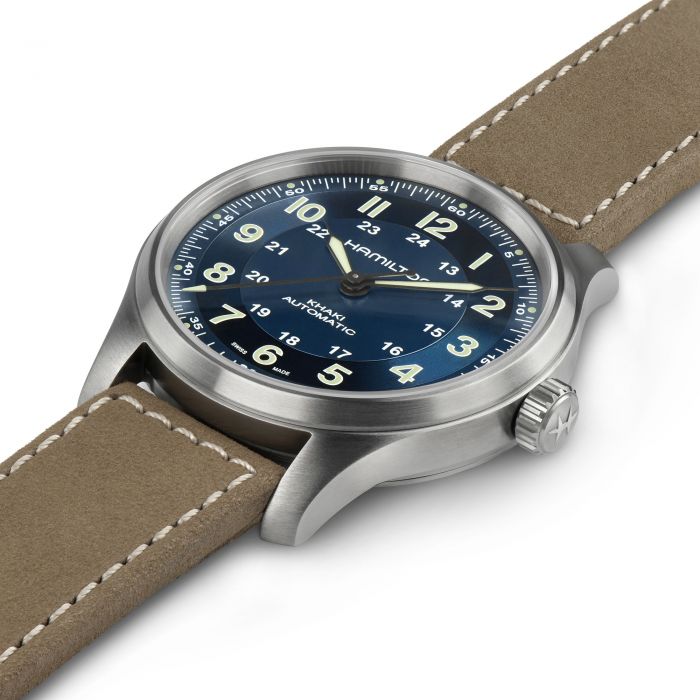 Khaki Field Titanium Blue dial Brown strap H70545540