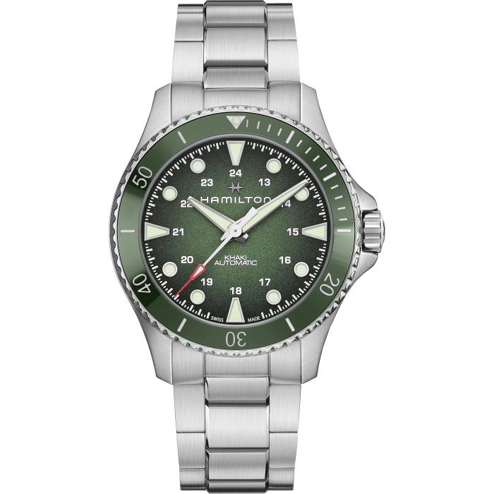Hamilton khaki green dial watch with stainless steel bracelet