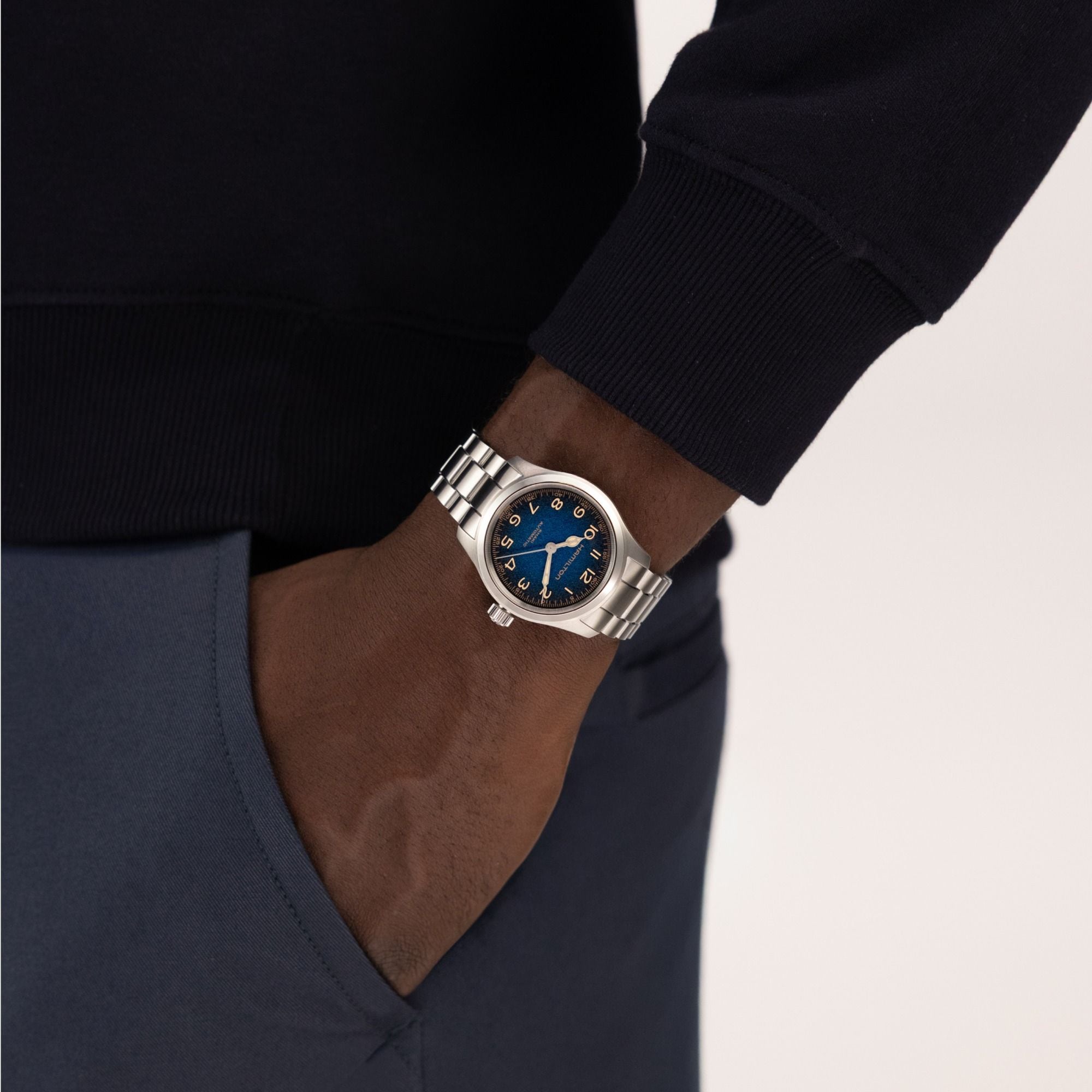 Hamilton Khaki Field Murph 38mm on wrist with steel bracelet