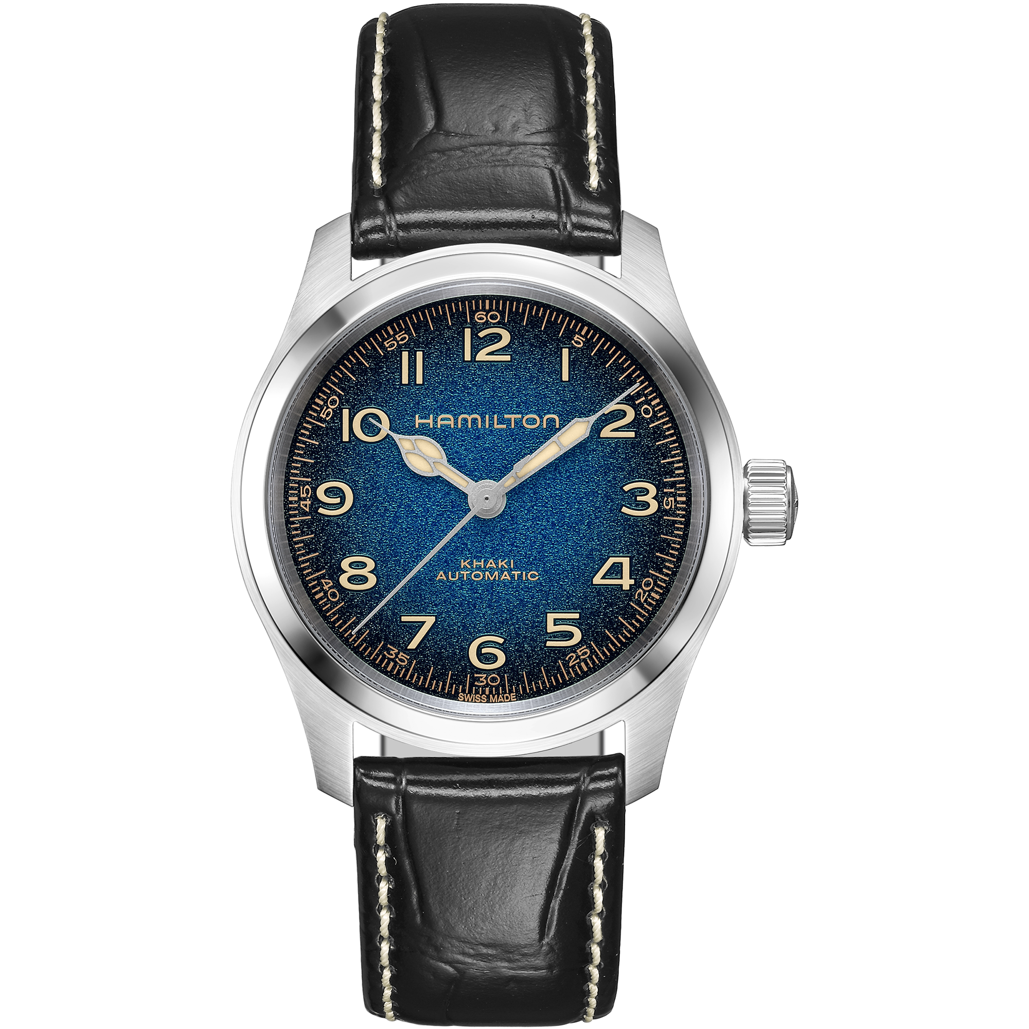 Hamilton Khaki Field Murph 38mm H70405740 white dial watch on black leather strap