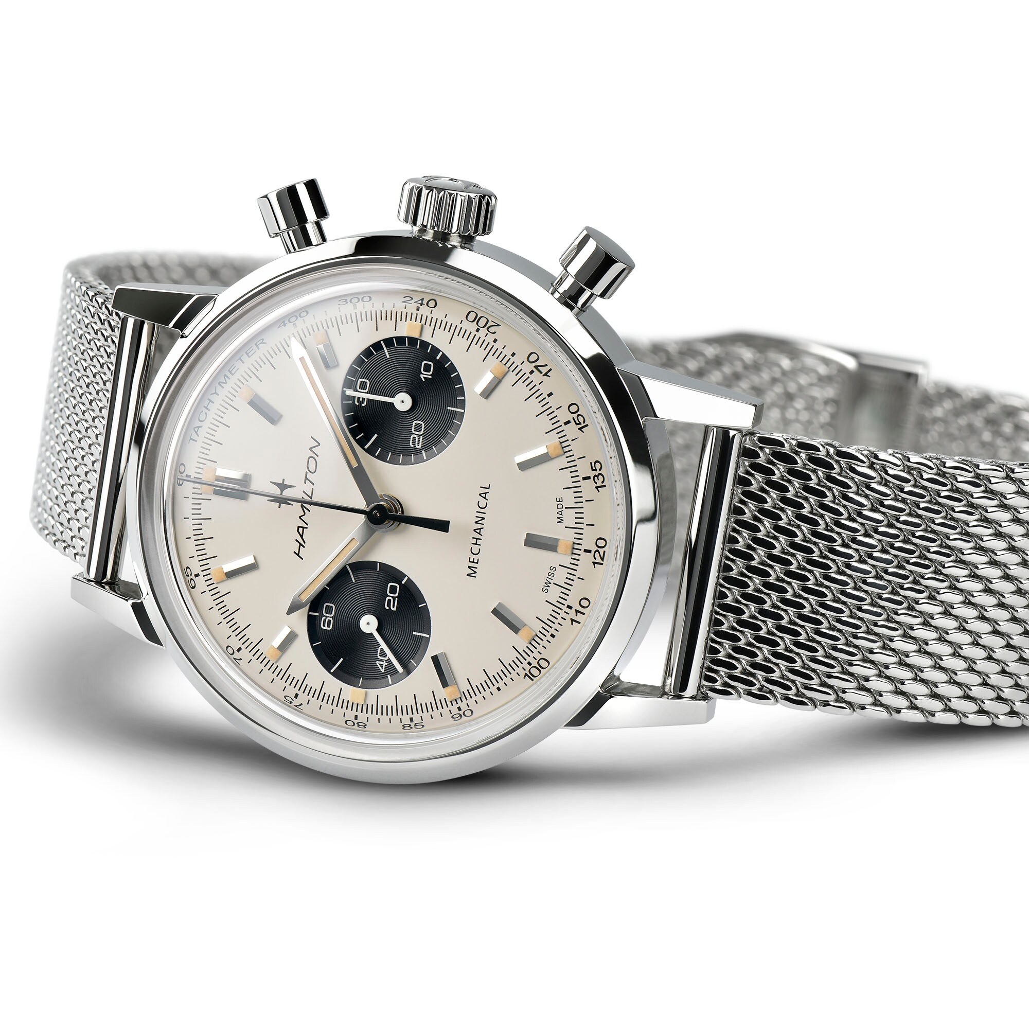 American Classic Intra-matic Chronograph H - Black dial - Mesh bracelet -  H38429110 | Hamilton Watch