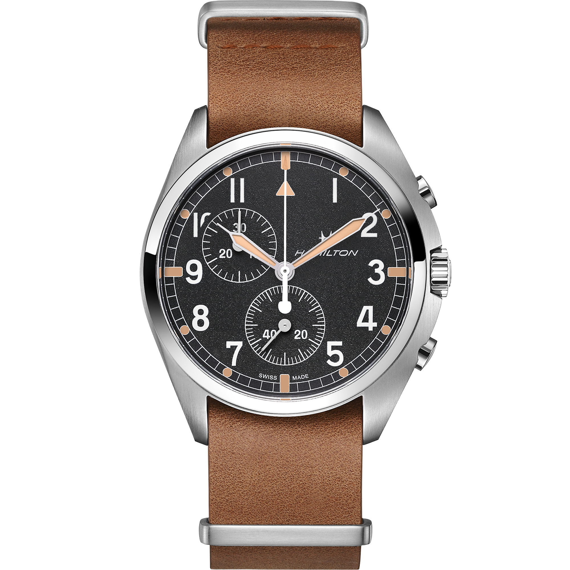 ハミルトン HAMILTON 腕時計 メンズ H76522531 カーキ アビエーション パイロット パイオニア クロノ クオーツ 43mm KHAKI AVIATION PILOT PIONEER CHRONO QUARTZ 43mm クオーツ（G10.211） ブラックxブラウン アナログ表示