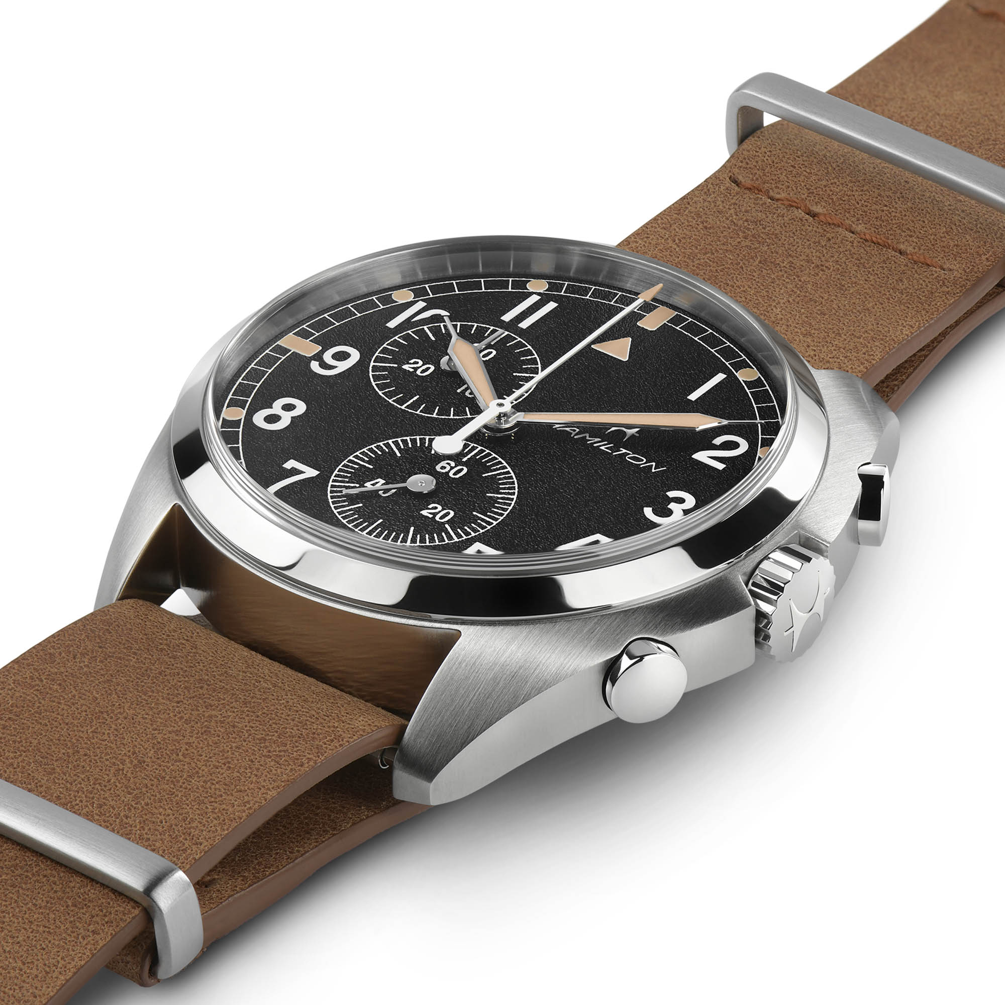 ハミルトン HAMILTON 腕時計 メンズ H76522531 カーキ アビエーション パイロット パイオニア クロノ クオーツ 43mm KHAKI AVIATION PILOT PIONEER CHRONO QUARTZ 43mm クオーツ（G10.211） ブラックxブラウン アナログ表示