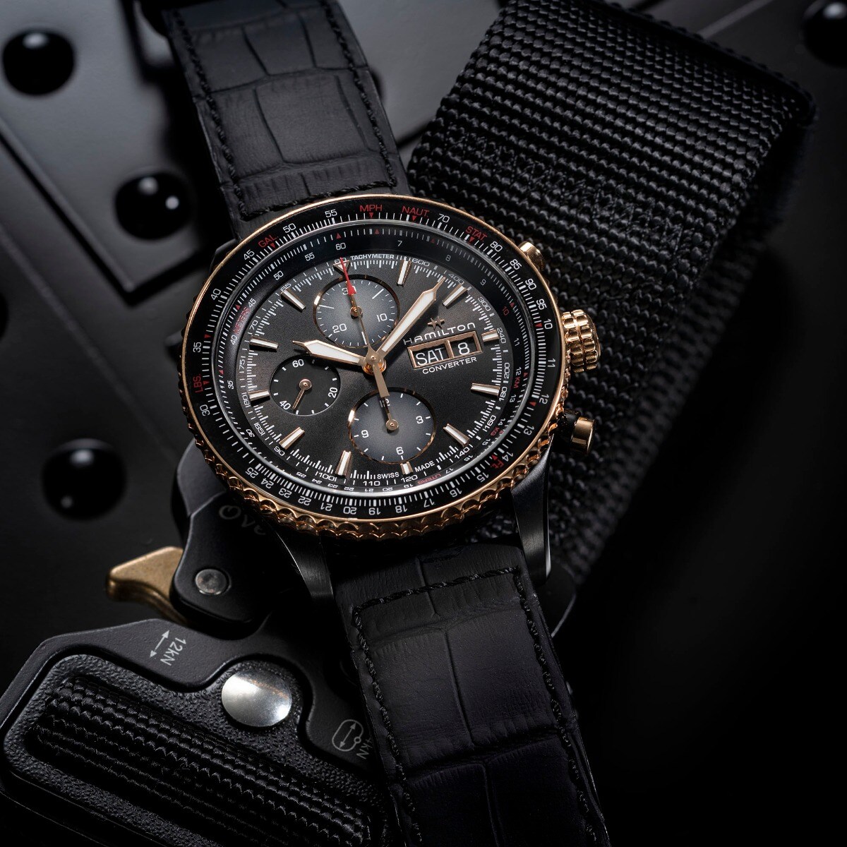 Khaki Aviation Converter Auto Chrono 44mm - Steel bicolor black PVD and 4N  PVD case with black bezel, black dial with 4N indexes, black leather -  H76736730 | Hamilton Watch